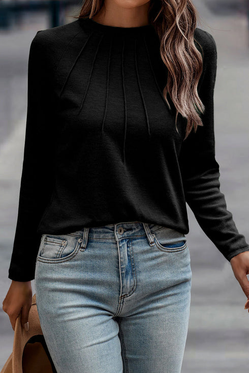 Raglan Long Sleeve Exposed Seam Detail Relaxed Fit Crew Neck Top